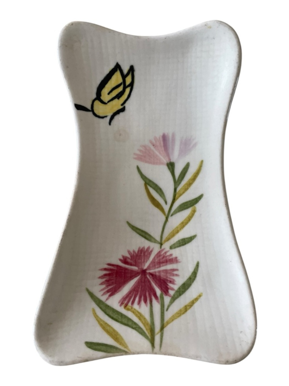 Red Wing Pottery Vintage Collectible Spoon Rest Pink Floral Yellow Butterfly